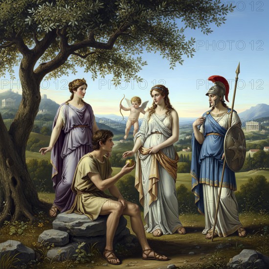 The verdict of Paris, Paris and the goddesses Athena, Hera and Aphrodite who receives the apple, symbolic image Greek mythology, antiquity, god, deity, Venus, Minerva, Juno, Roman, legend, AI generated, AI generated