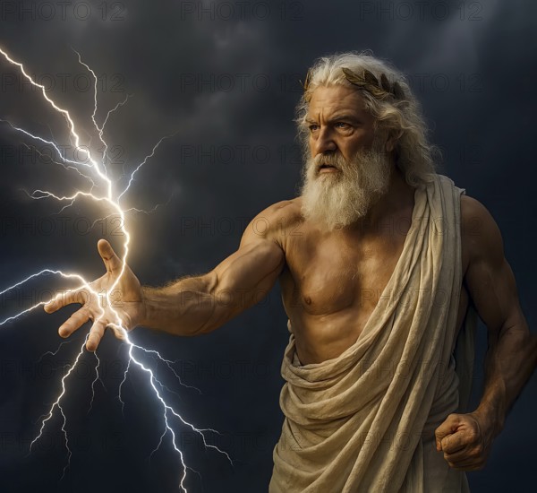 The father of the gods Zeus hurls lightning out of his hand from Olympus, symbolic image Greek mythology, antiquity, god, deity, Jupiter, Roman, legend, AI generated, AI generated
