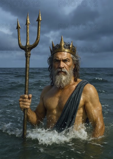 The sea god Poseidon with trident and crown in the sea, symbolic image Greek mythology, antiquity, god, deity, Neptune, Roman, legend, Olympus, AI generated, AI generated