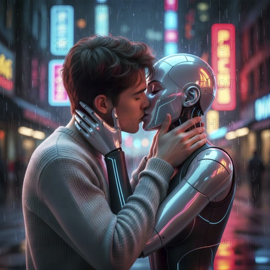 A man kisses a female humanoid robot, symbolic image cybernetics, machine, machine man, computer, artificial intelligence, robotics, feeling, love, affectionate, opposition, science fiction, technology, AI generated, AI generated