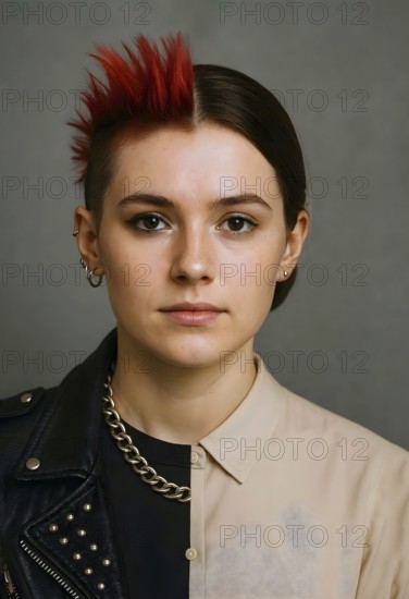 A young woman with two faces, one conservative and one rebellious, symbol punk, punk, mohawk cut, contrasting, leather jacket, attitude, attitude, lifestyle, AI generated, AI generated