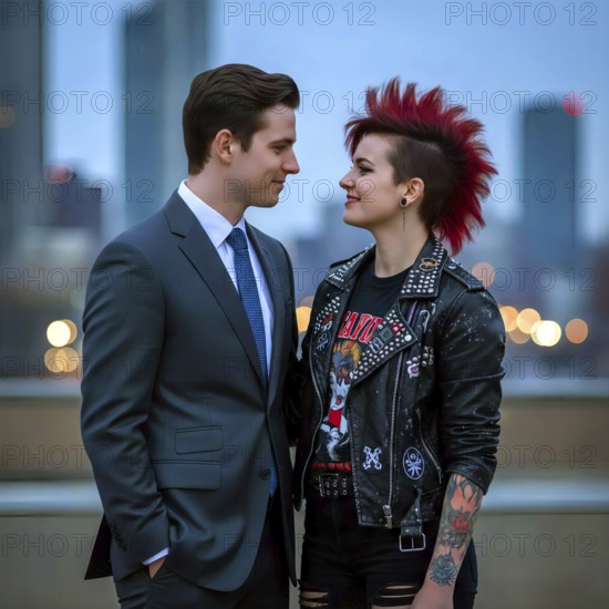 A conservative man in a suit and tie flirts with a young woman, a punk woman with red mohawk cut and leather jacket, symbol rebellious, punk, youth culture, tattoo, AI generated, AI generated