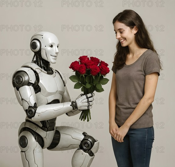 A humanoid robot kneels in front of a woman and hands her a bouquet of red roses, symbol Android, android, machine-man, human-like, human beings, cybernetics, body, machine, artificial intelligence, feeling, reverence, affection, love, request, AI generated
