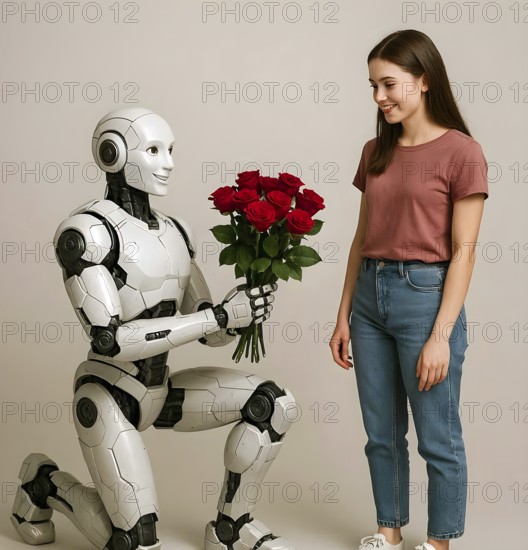 A humanoid robot kneels in front of a woman and hands her a bouquet of red roses, symbol Android, android, machine-man, human-like, human beings, cybernetics, body, machine, artificial intelligence, feeling, reverence, affection, love, request, AI generated