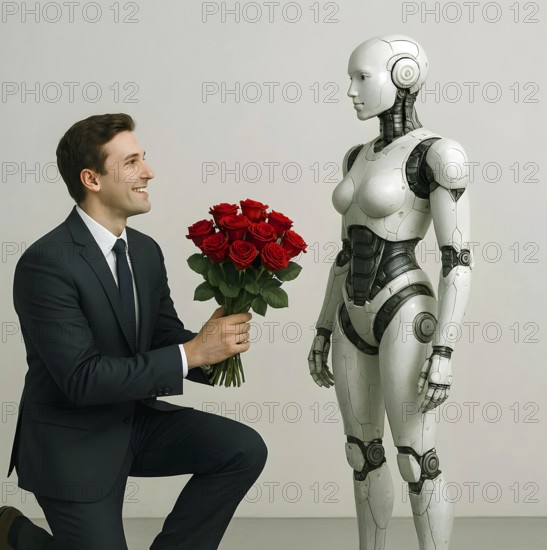 A man kneels in front of a humanoid robot and hands him a bouquet of red roses, symbol image android, female, machine-like, human beings, cybernetics, body, machine, artificial intelligence, feeling, reverence, affection, love, request, AI-generated, AI-generated, AI generated