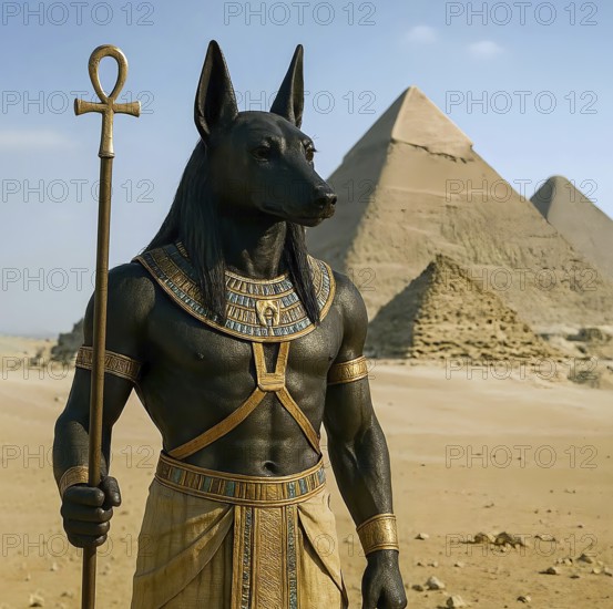Anubis with the head of a jackal, Egyptian god in front of the pyramids of Giza, symbolic image deity, sky god, guardian god, Isis, Osiris, religion, Egyptian empire, mythology, Egypt, antiquity, symbol, pharaoh, AI generated, AI generated