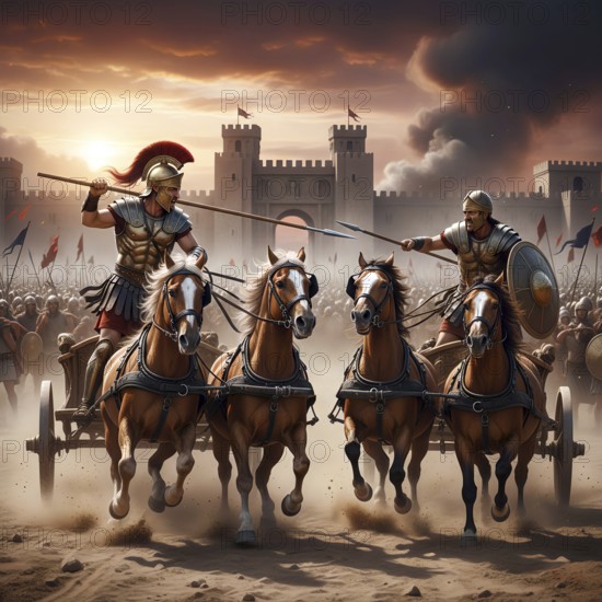 Two fighters in chariots fighting for Troy, symbol of Trojan, war, Greek mythology, Greeks, antiquity, Trojans, Hector, Achilles. Hero, Hero, Legend, Iliad, Homer, Helen, God, Gods, AI Generated, AI Generated