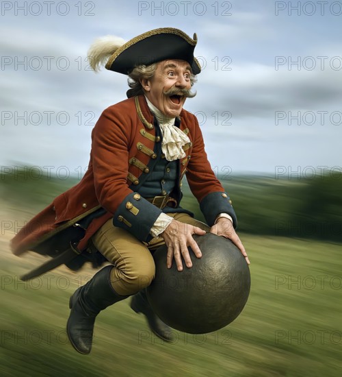 The lying baron Münchhausen riding on the cannonball, symbolic picture Baron, riding, fairy tale, Gottfried August Bürger, lie, lie story, Münchhausen syndrome, literature, AI generated, AI generated