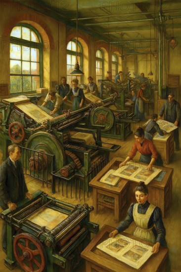 Machine room in Julius Dittenfeld's letterpress, Berlin, historical illustration from the history of German literature from 1885, digitally edited, symbolic image of industry, work, machine, industrialization, AI generated, AI generated