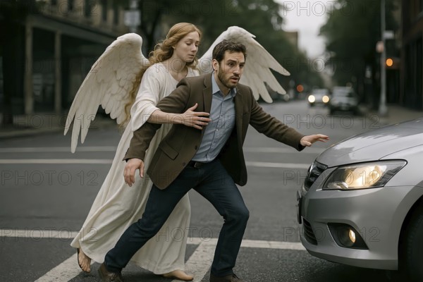 A man in a suit and tie, a manager type, is led through traffic by his guardian angel, Bible, biblical story, religion, religious, figure, help, mythology, psychology, Christianity, AI generated, AI generated