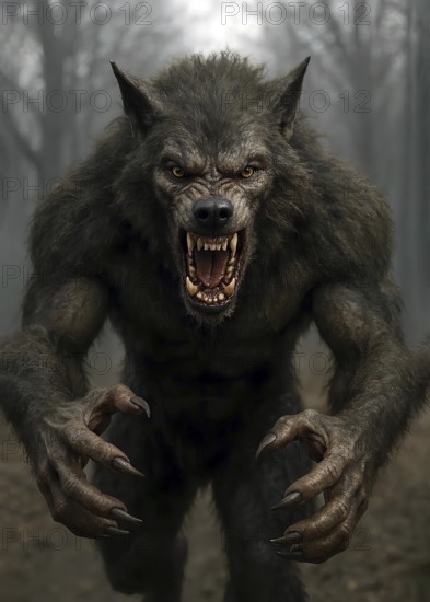 A werewolf after transformation in a dark forest, symbolic image beast, mythology, legend, horror, religion, fear, mythological creature, folklore, medieval, horror, AI generated, AI generated