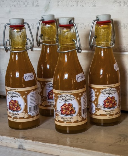 Swedish souvenir: cloudberry juice in a bottle in Smålandet Moose park in Markaryd, Småland County, Sweden, Scandinavia