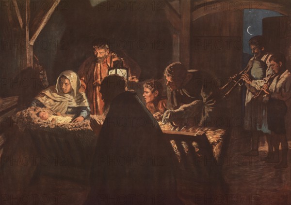 Scene from the biblical story, Adoration of the Shepherds, a central scene of the Christmas story immediately following the birth of Jesus, authentic reproduction of a school mural, historical, around 1900