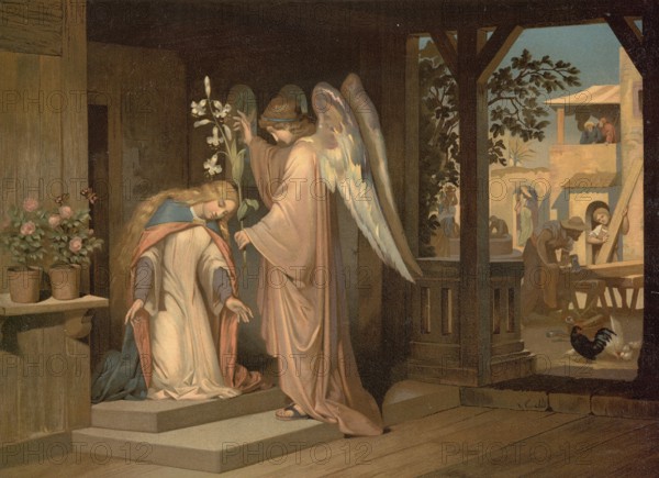Scene from the biblical story, Annunciation, describes the biblical event in which the archangel Gabriel announces the birth of Jesus to the Virgin Mary, authentic reproduction of a school mural, historical, around 1900