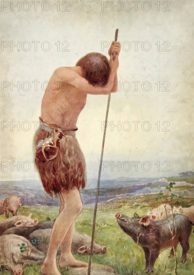 Scene from the biblical story, The Prodigal Son, authentic reproduction of a school mural, historical, around 1900