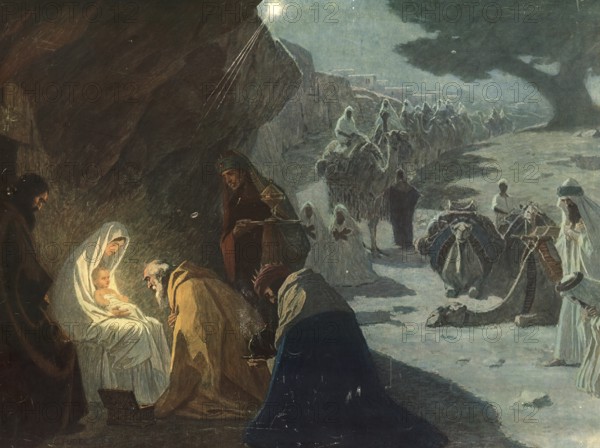 Scene from the biblical story, The birth of Jesus in Bethlehem is the central event of the Christmas story, told in the Bible where Mary and Joseph had to travel there because of a census and Jesus was placed in a manger in a stable or a grotto, authentic reproduction of a school mural, historical, around 1900