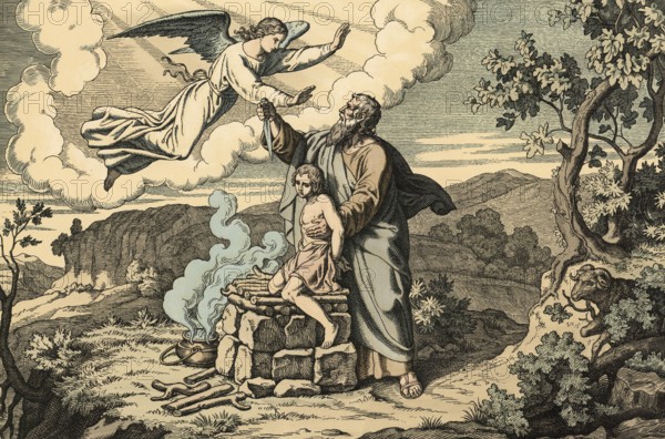 Scene from the biblical story, God asks Abraham to sacrifice his beloved son Isaac on Mount Moriah to test his faith, at the last moment Abraham is held back by an angel and a ram is sacrificed in his place, authentic reproduction of a school mural, historical, around 1900