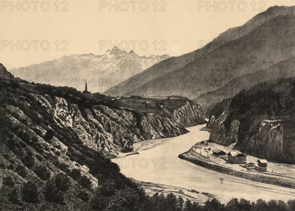 Breakthrough of the Inn through the limestone mountains near Imst in Tyrol, Austria, authentic reproduction of a school mural, historic, around 1900