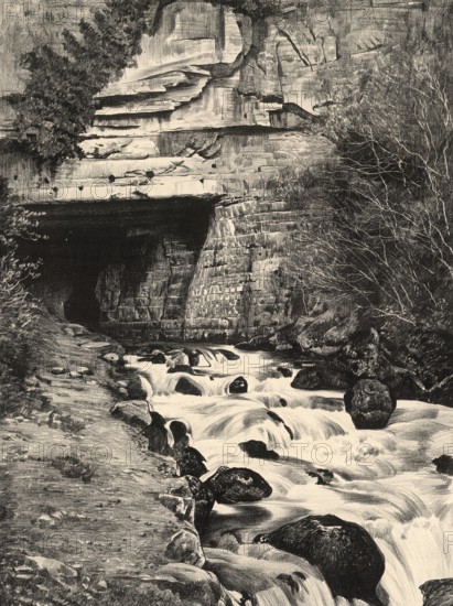 The fault source of Sassenage near Grenoble, Isere, France, authentic reproduction of a school mural, historic, around 1900