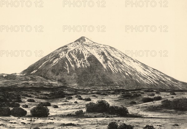 The Pico del Teide is the highest elevation on the Canary Island of Tenerife and the highest mountain in Spain, authentic reproduction of a school mural, historic, around 1900