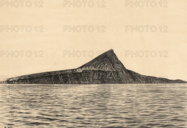 Krakatoa after the major eruption of 1883, famous volcano in the Sunda Strait between the Indonesian islands of Java and Sumatra, which became world-famous for its gigantic eruption in 1883, which cost tens of thousands of lives and triggered tsunamis, authentic reproduction of a school mural, historic, around 1900