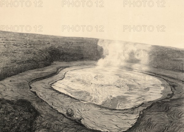 Lake of Fire, in Hawaii, Halema?uma?u crater in the Kilauea volcano on Big Island, where active lava lakes have been forming for a long time, 1893, America, authentic reproduction of a school mural, historic, around 1900