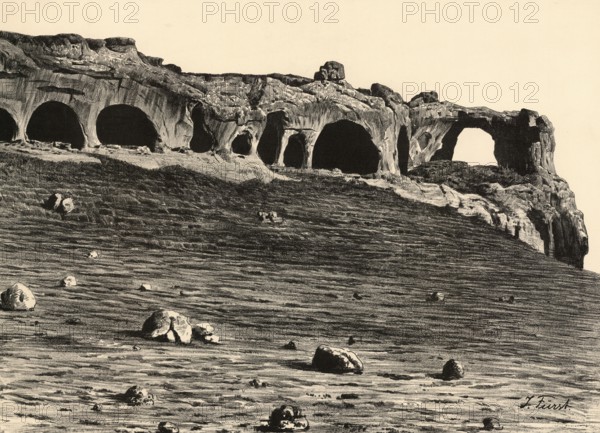 Caving due to weathering in the Gault sandstone of Koltso-gora, Ringberg, in the Caucasus, authentic reproduction of a school wall painting, historic, around 1900