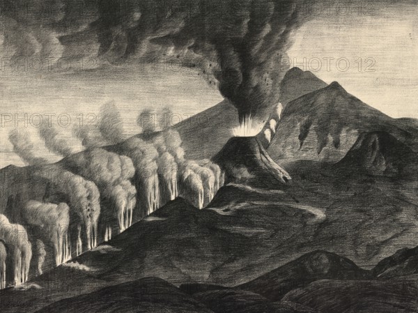 Eruption of Etna on August 29, 1874. Crevice formation and lateral cone, Sicily, Italy, authentic reproduction of a school mural, historical, around 1900