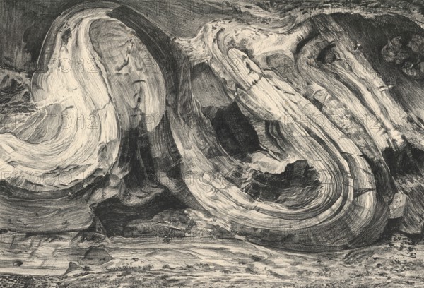 Geology, fold in diluvium, compression effect of diluvial ice, on the North Sea - Baltic Sea - Canal - incision of Levensau near Kiel, 1890, authentic reproduction of a school wall painting, historical, around 1900