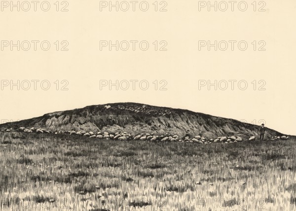 The Glambeck terminal moraine, example of a massive glacial embankment of rock, glacier remains that mark the maximum advance of the Pomeranian glaciation and, as part of the glacial series, created a fascinating landscape with kames, osers and primeval valleys that shape the Ice Age Land Geopark on the Oder edge, Mecklenburg-Western Pomerania, Germany, authentic reproduction of a school wall painting, historical, around 1900