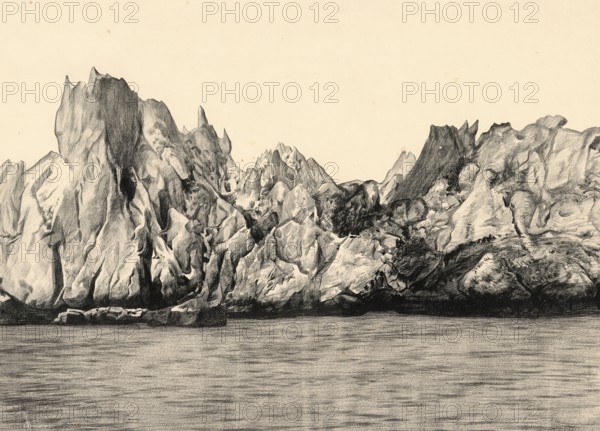 The ice wall of the MUIR glacier in Glacier Bay National Park in Alaska, America, authentic reproduction of a school mural, historic, around 1900
