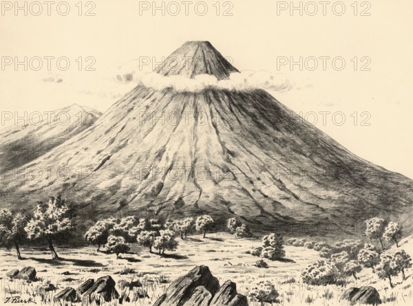 The Volcan de Agua, a stratovolcano near the city of Antigua Guatemala that has been inactive since the middle of the 16th century, authentic reproduction of a school mural, historic, around 1900