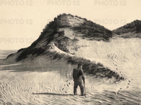 Dune on the west coast of the island of Sylt, North Sea, Germany, authentic reproduction of a school mural, historic, around 1900