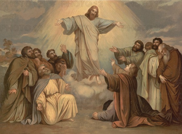 Scene from the biblical story, Ascension, in Christian faith, the Ascension describes the return of Jesus Christ to his father in heaven, authentic reproduction of a school mural, historical, around 1900
