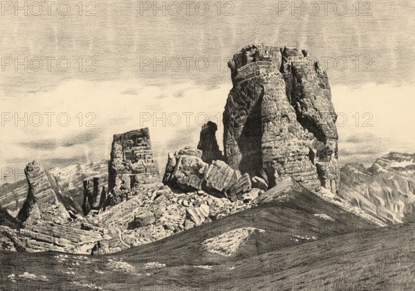 Cinque Torri, the towers of Averau, rock formation in the Ampezzo Dolomites on the route between the Falzarego Pass and Cortina d'Ampezzo, Nuvolau Group, Dolomites, South Tyrol, Italy, authentic reproduction of a school wall painting, historical, around 1900