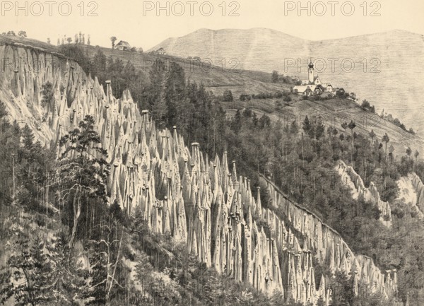 Earth pyramids on Ritten near Bolzano, South Tyrol, Italy, authentic reproduction of a school mural, historic, around 1900