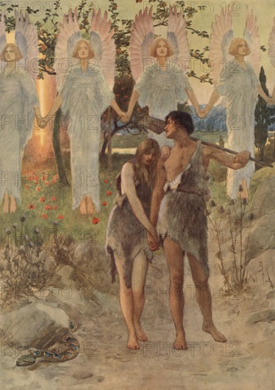 Scene from the biblical story, Adam and Eve are the first human couple according to the Bible who lived in the paradisiacal Garden of Eden, authentic reproduction of a school mural, historic, around 1900