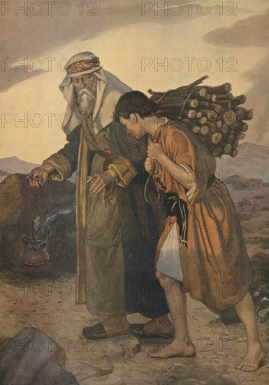 Scene from the biblical story, The Narrative of Abraham and Isaac describes how God tests Abraham by ordering him to offer his beloved son Isaac as a burnt offering on Mount Moria, authentic reproduction of a school mural, historical, around 1900