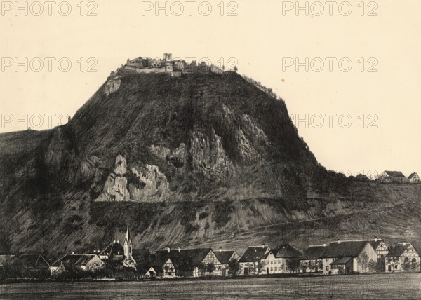 The Hohentwiel phonolite cone with the Hohentwielim fortress ruins, Hegau, Singen, Baden-Würtemberg, Germany, authentic reproduction of a school wall painting, historical, around 1900