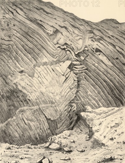 Glacial signs of congestion and folding in the diluvium of Petersburg near Kiel, Schleswig-Holstein, Germany, authentic reproduction of a school mural, historical, around 1900