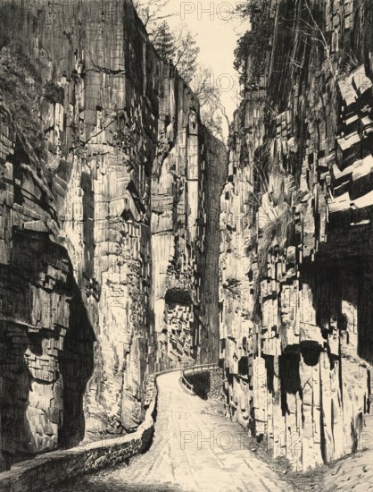 Porphyry landscape in the Eggenthal Gorge, Bletterbach Gorge, near Bolzano, South Tyrol, Italy, authentic reproduction of a school mural, historic, around 1900