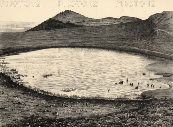 Maar am Mosenberg in the Eifel, former volcanic area, Bernkastel-Wittlich district, Rhineland-Palatinate, Germany, authentic reproduction of a school mural, historical, around 1900