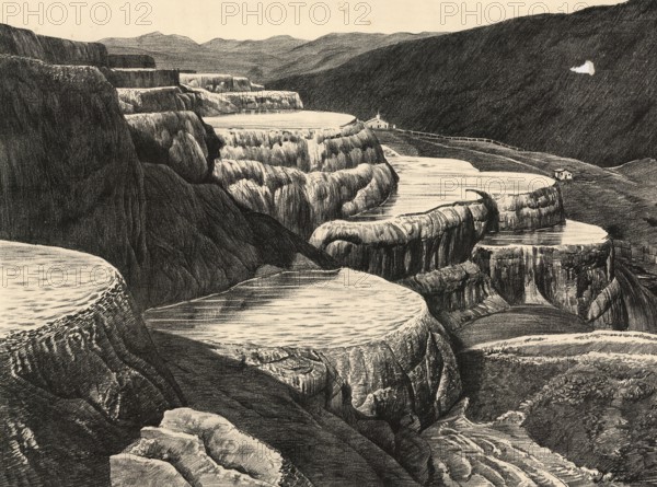 Lime sinter heels in the marble basins in Yellowstone Park, America, authentic reproduction of a school mural, historic, around 1900