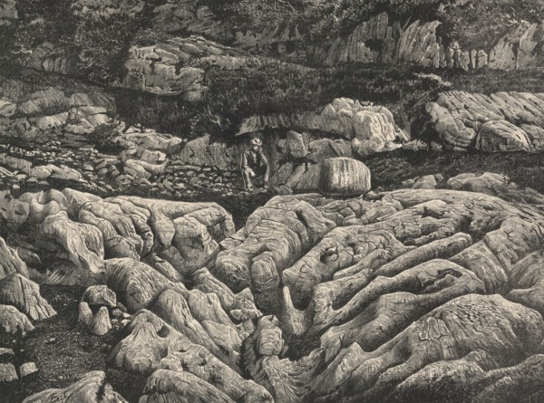 Karrenfeld Dachstein, fascinating karst landscape shaped by water in the Dachstein Mountains, characterized by gullies, crevices, sinkholes and bizarre rock formations, Alps, Upper Austria, Austria, authentic reproduction of a school wall painting, historic, around 1900