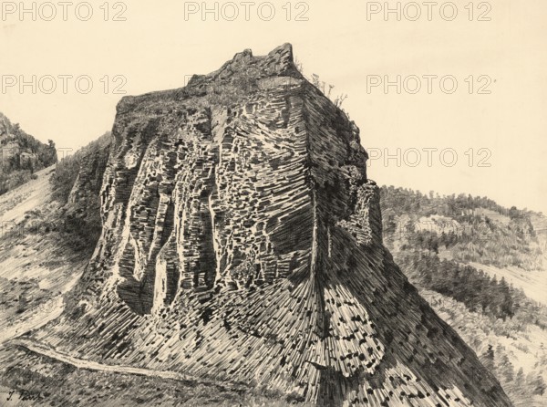 Column-shaped separation of basalt on the Verkoch near Ústi nad Labem, in Bohemia, Czech Republic, Czech Republic, authentic reproduction of a school mural, historical, around 1900