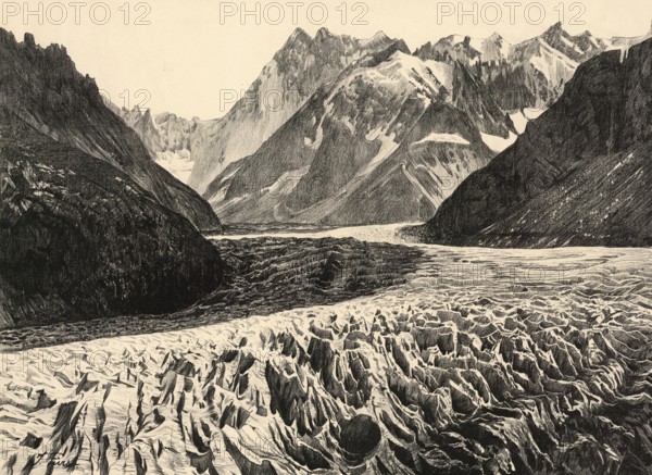 Crevices on the Chamouny Glacier, the famous Mer de Glace in the Mont Blanc massif near Chamonix, France, authentic reproduction of a school wall painting, historic, around 1900
