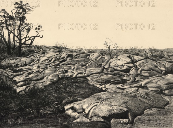 Kilauea lava flow, Hawaii, volcano, eruption from 1885, America, authentic reproduction of a school mural, historic, around 1900