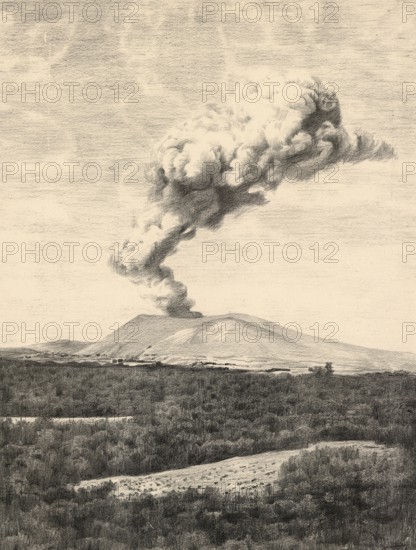 Volcano Volcano, seen from the island's plateau, on September 23, 1889, Lipari Islands in the Tyrrhenian Sea off the north coast of Sicily, Italy, authentic reproduction of a school mural, historical, around 1900
