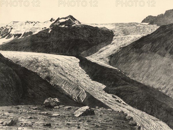 Confluence of the Kesselwandferner with the Hintereisferner, one of the largest glaciers in Tyrol, Ötztal, Tyrol, Austria, authentic reproduction of a school mural, historic, around 1900