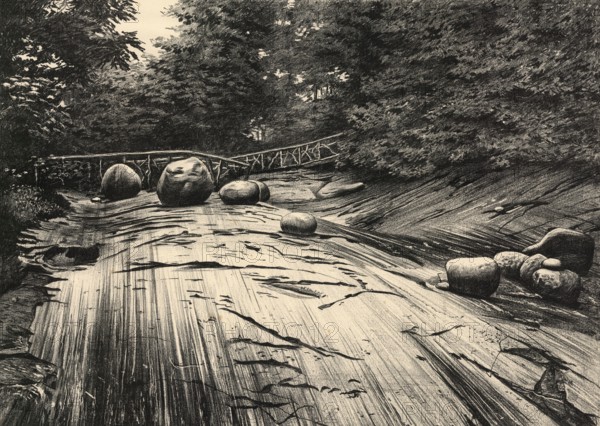 Rock surface scrambled and cut by the ice of the diluvial period in the glacier garden in Lucerne, Switzerland, authentic reproduction of a school mural, historic, around 1900